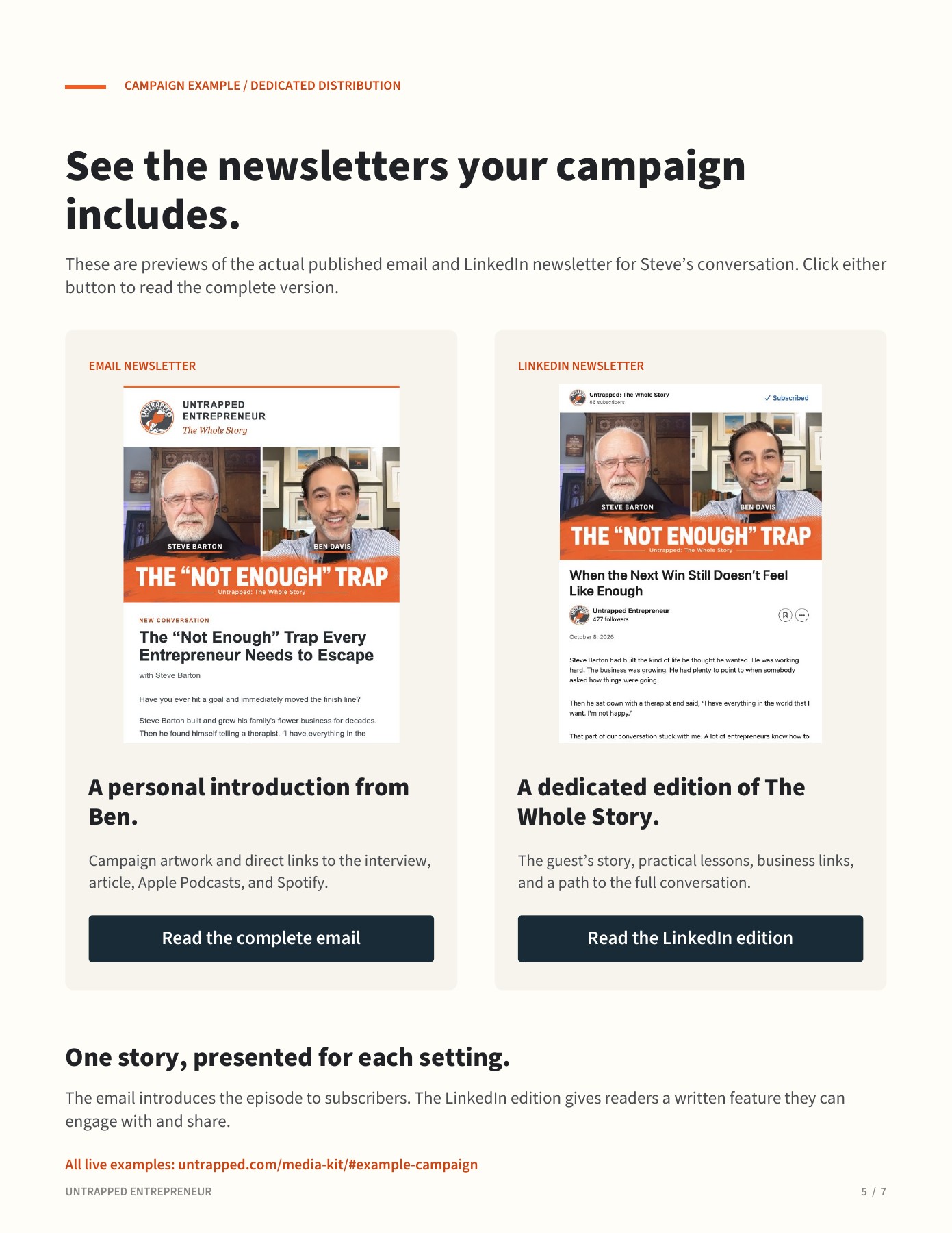 Media kit page 5: Campaign example: email and LinkedIn newsletters. Full text is available below the preview.