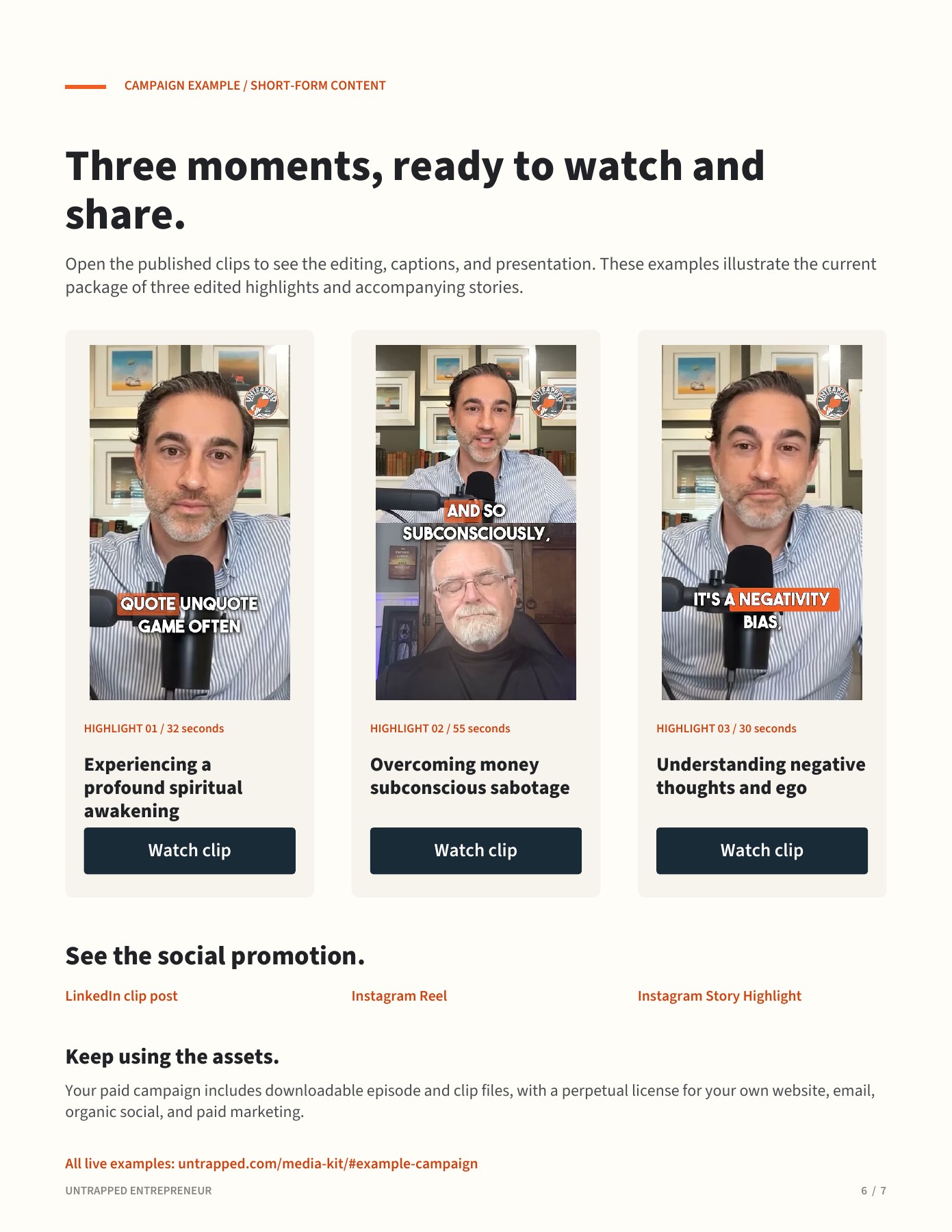 Media kit page 6: Campaign example: clips and social promotion. Full text is available below the preview.